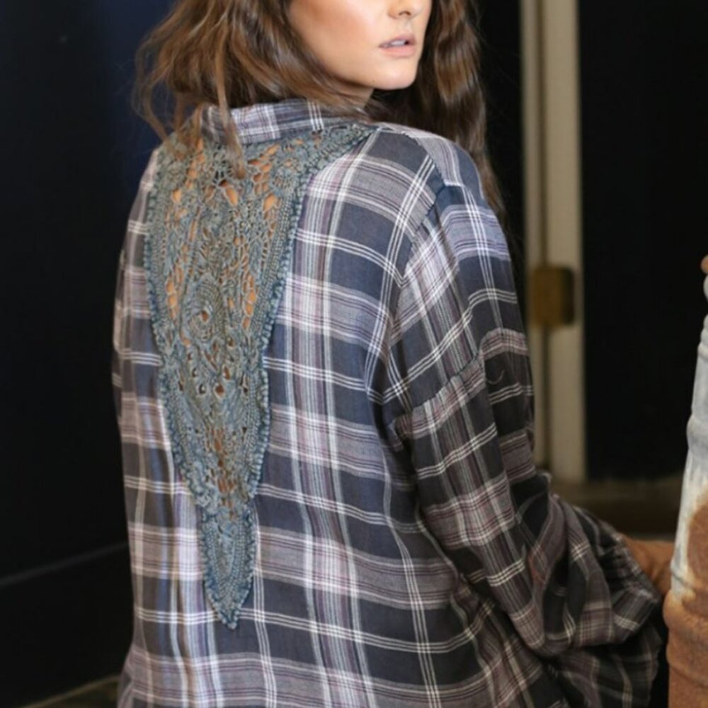 Plus Plaid Button Up with Lace Detail